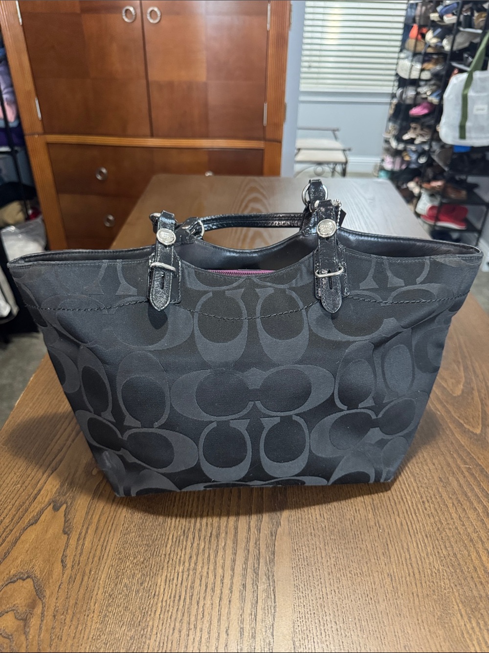 Coach Black Signature Jacquard Tote with Patent Handles